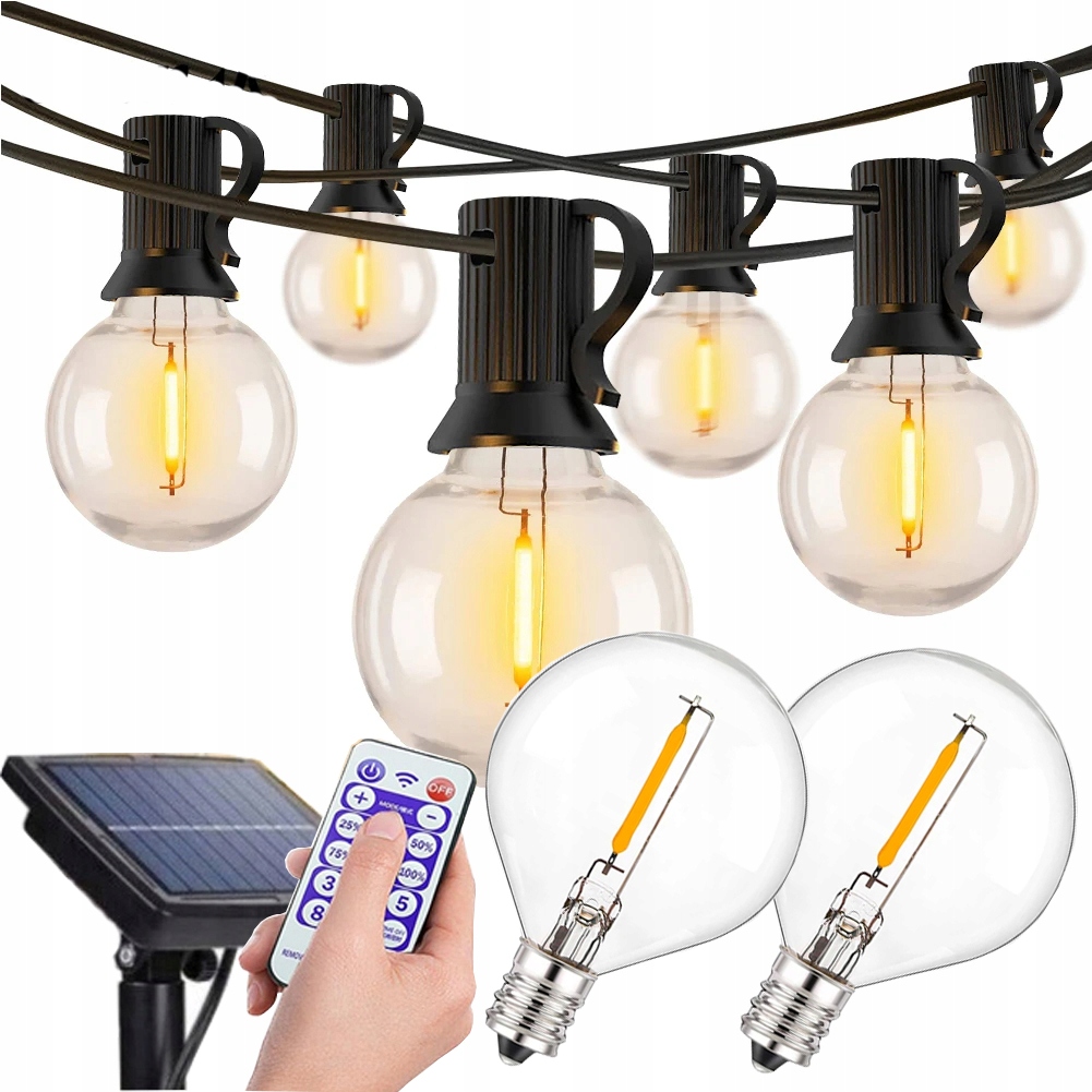 SOLÁRNE GARLANDOVÉ ZÁHRADNÉ LAMPY SVETELNÁ REŤAZ 14M 50+2 G40 ŽIAROVKY S DIAĽKOVÝM OVLÁDANÍM
